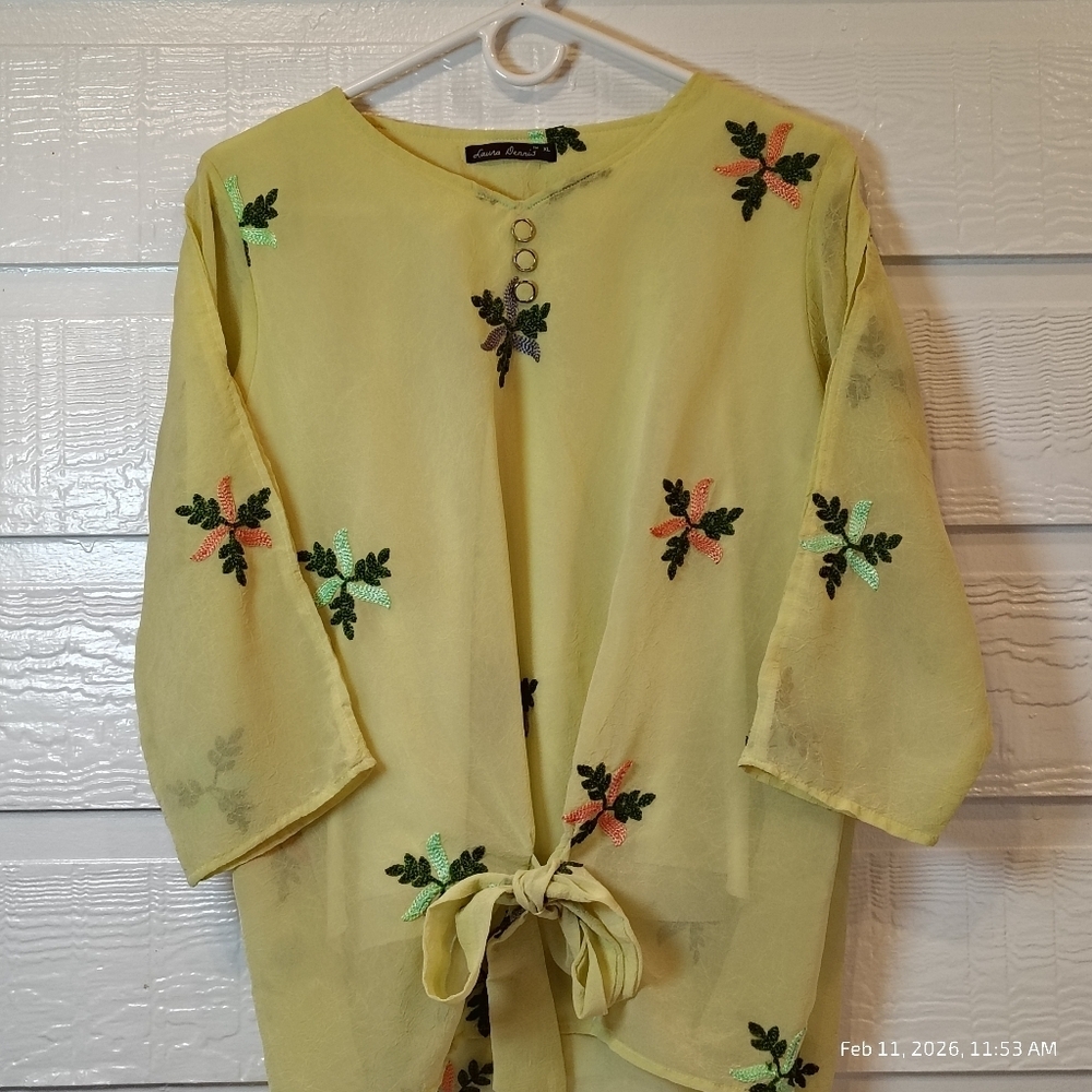LAURA DENNIS WOMENS XL SHEER YELLOW FLOWER EMBROIDERED LINED BOHO COTTAGE CORE‎
